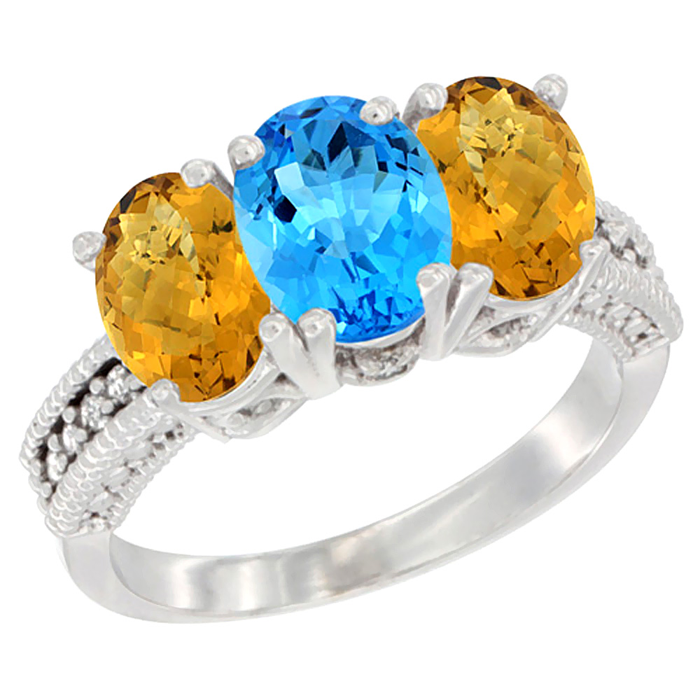 10K White Gold Diamond Natural Swiss Blue Topaz & Whisky Quartz Ring 3-Stone 7x5 mm Oval, sizes 5 - 10