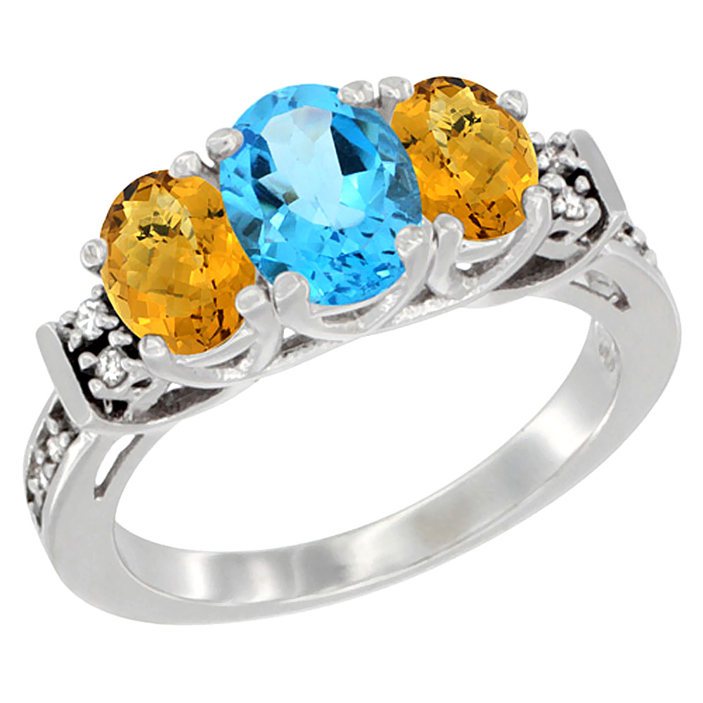 14K White Gold Natural Swiss Blue Topaz & Whisky Quartz Ring 3-Stone Oval Diamond Accent, sizes 5-10