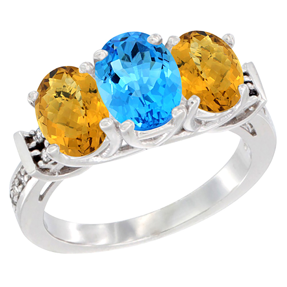 14K White Gold Natural Swiss Blue Topaz & Whisky Quartz Sides Ring 3-Stone Oval Diamond Accent, sizes 5 - 10