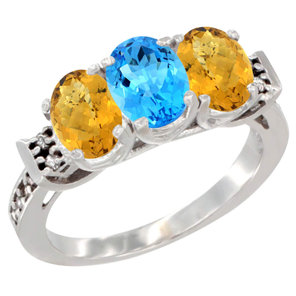 10K White Gold Natural Swiss Blue Topaz & Whisky Quartz Sides Ring 3-Stone Oval 7x5 mm Diamond Accent, sizes 5 - 10