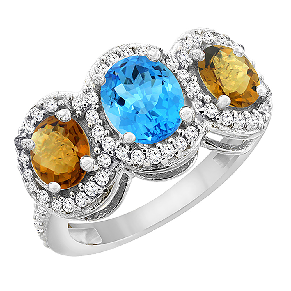 10K White Gold Natural Swiss Blue Topaz & Whisky Quartz 3-Stone Ring Oval Diamond Accent, sizes 5 - 10