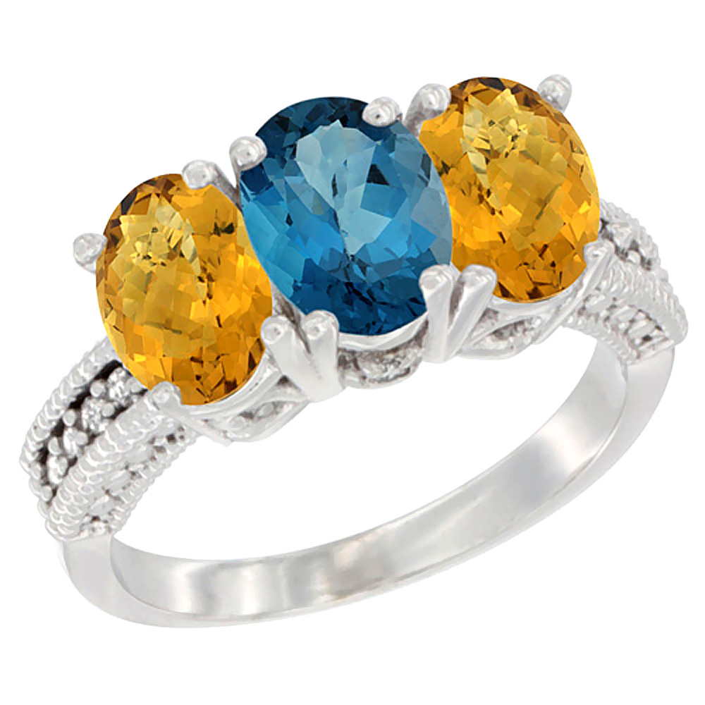 10K White Gold Diamond Natural London Blue Topaz & Whisky Quartz Ring 3-Stone 7x5 mm Oval, sizes 5 - 10