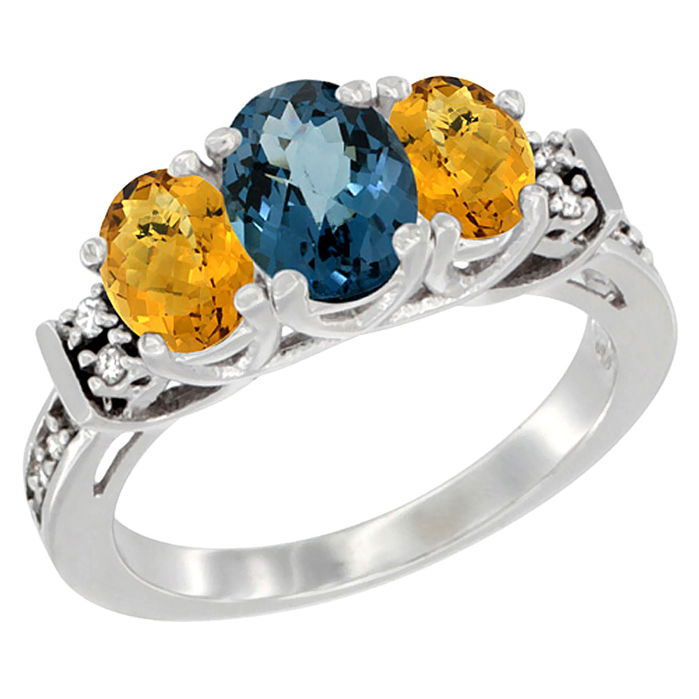 10K White Gold Natural London Blue Topaz &amp; Whisky Quartz Ring 3-Stone Oval Diamond Accent, sizes 5-10