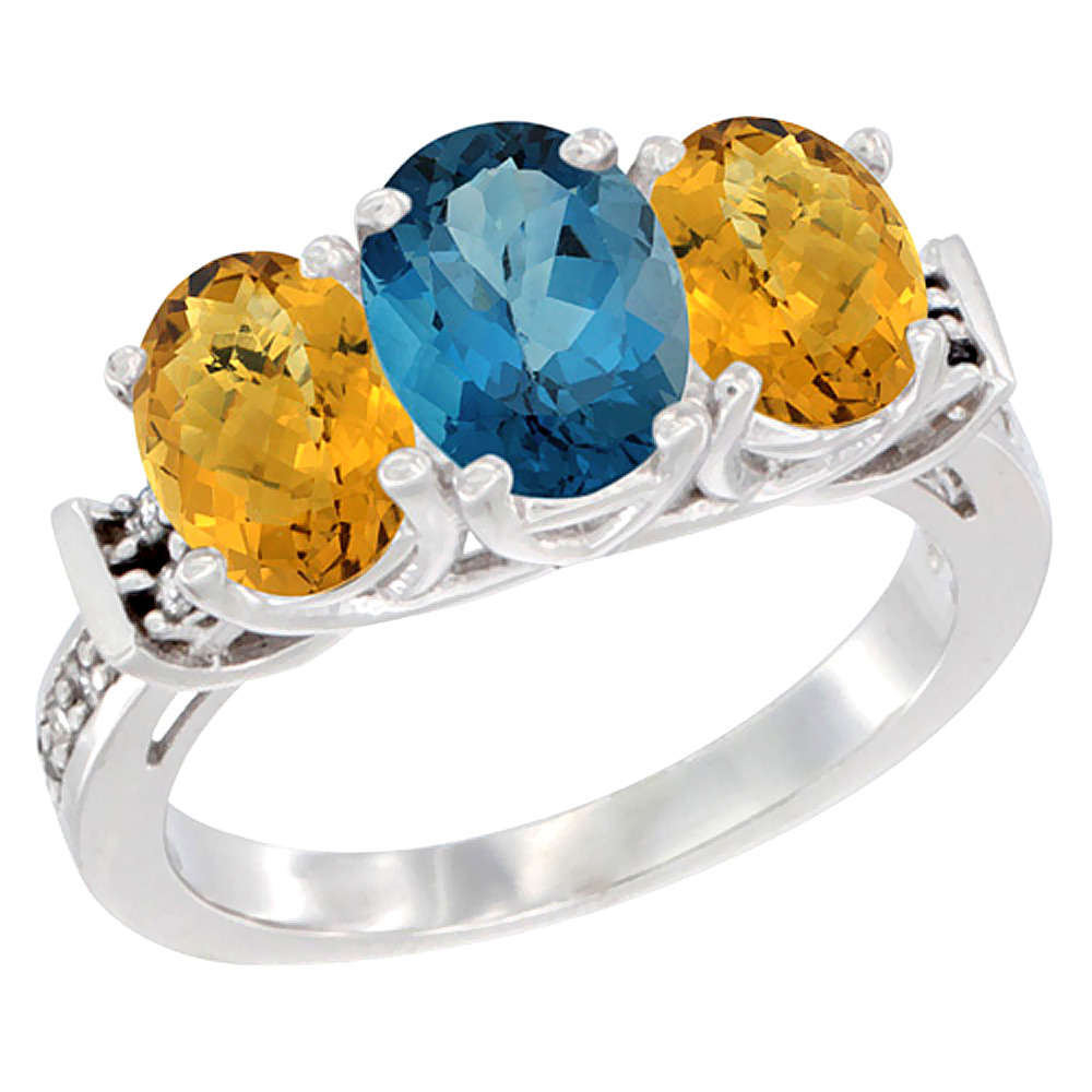 14K White Gold Natural London Blue Topaz & Whisky Quartz Sides Ring 3-Stone Oval Diamond Accent, sizes 5 - 10
