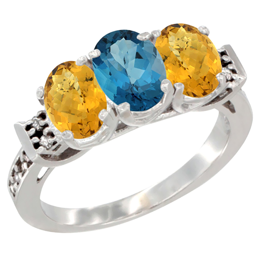 14K White Gold Natural London Blue Topaz & Whisky Quartz Ring 3-Stone 7x5 mm Oval Diamond Accent, sizes 5 - 10