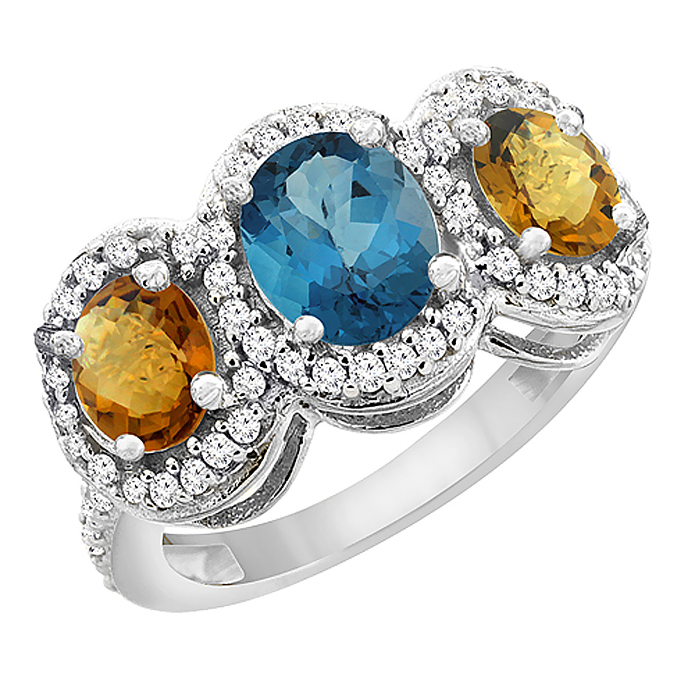 10K White Gold Natural London Blue Topaz & Whisky Quartz 3-Stone Ring Oval Diamond Accent, sizes 5 - 10