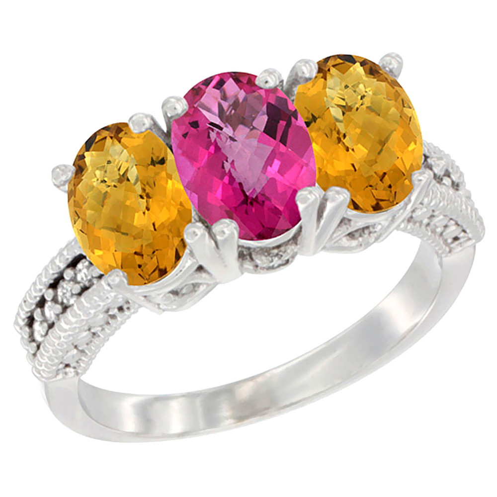 10K White Gold Diamond Natural Pink Topaz & Whisky Quartz Ring 3-Stone 7x5 mm Oval, sizes 5 - 10