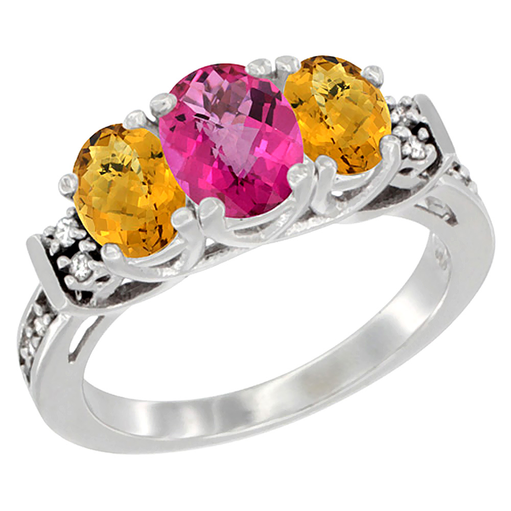 14K White Gold Natural Pink Topaz & Whisky Quartz Ring 3-Stone Oval Diamond Accent, sizes 5-10