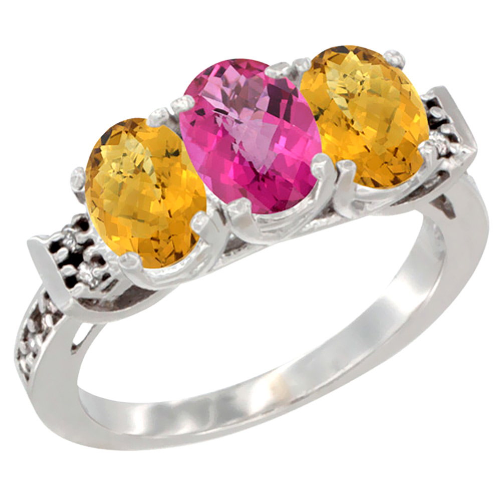 10K White Gold Natural Pink Topaz & Whisky Quartz Sides Ring 3-Stone Oval 7x5 mm Diamond Accent, sizes 5 - 10