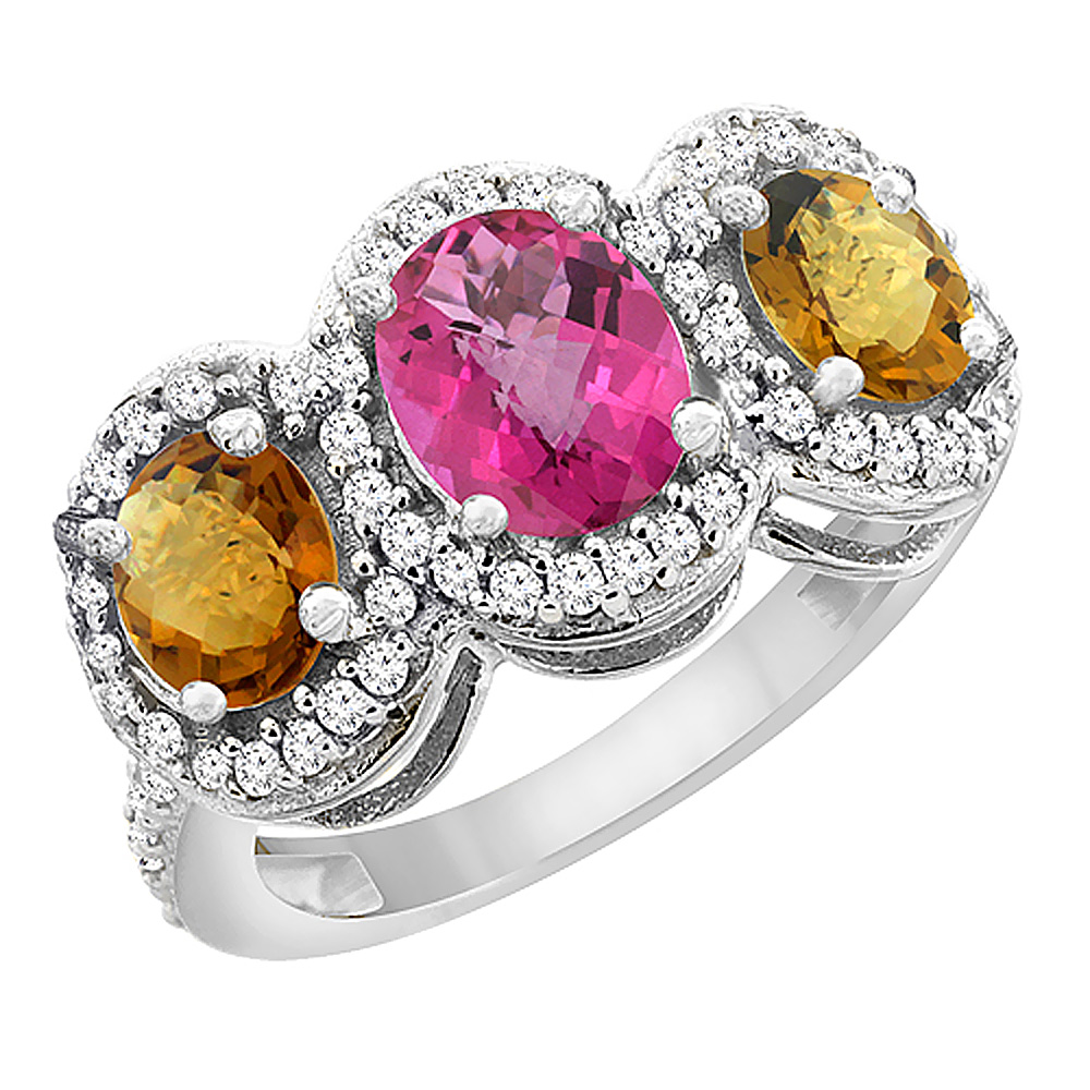 14K White Gold Natural Pink Topaz &amp; Whisky Quartz 3-Stone Ring Oval Diamond Accent, sizes 5 - 10