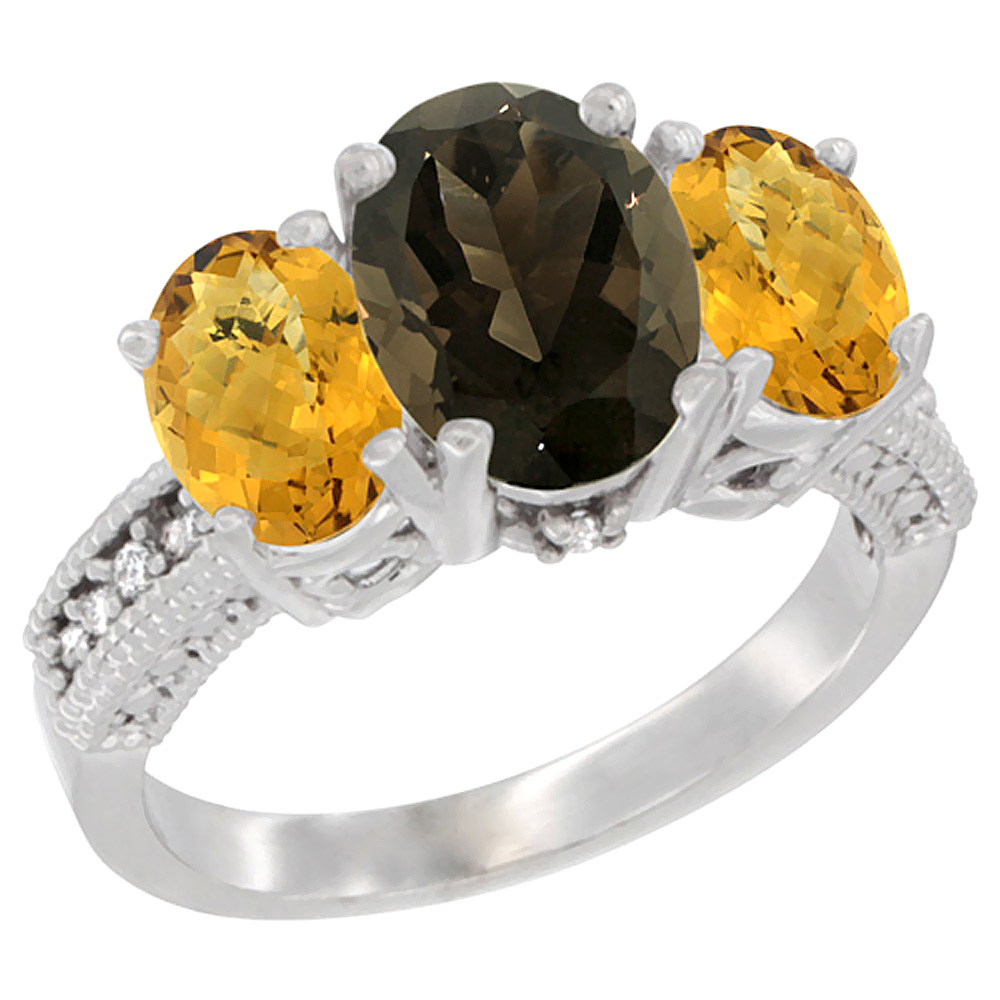 14K White Gold Diamond Natural Smoky Topaz Ring 3-Stone Oval 8x6mm with Whisky Quartz, sizes5-10