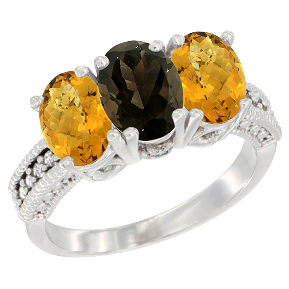 10K White Gold Diamond Natural Smoky Topaz & Whisky Quartz Ring 3-Stone 7x5 mm Oval, sizes 5 - 10