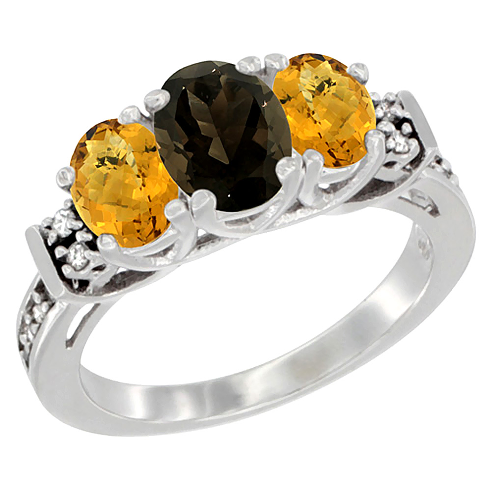 14K White Gold Natural Smoky Topaz & Whisky Quartz Ring 3-Stone Oval Diamond Accent, sizes 5-10