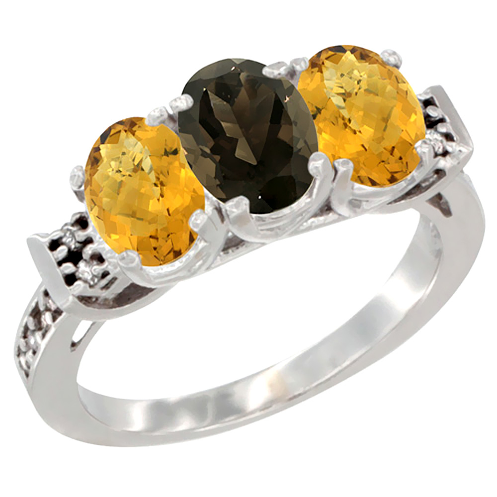 14K White Gold Natural Smoky Topaz & Whisky Quartz Ring 3-Stone 7x5 mm Oval Diamond Accent, sizes 5 - 10