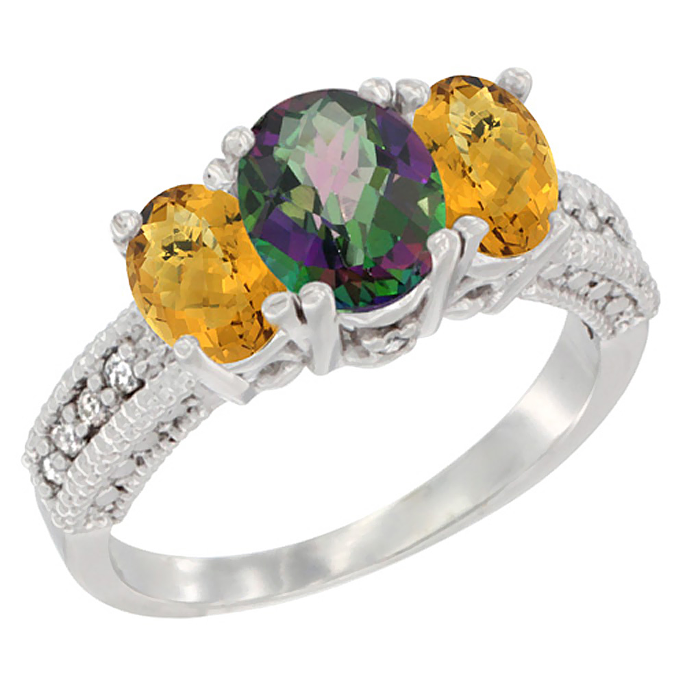 10K White Gold Diamond Natural Mystic Topaz Ring Oval 3-stone with Whisky Quartz, sizes 5 - 10