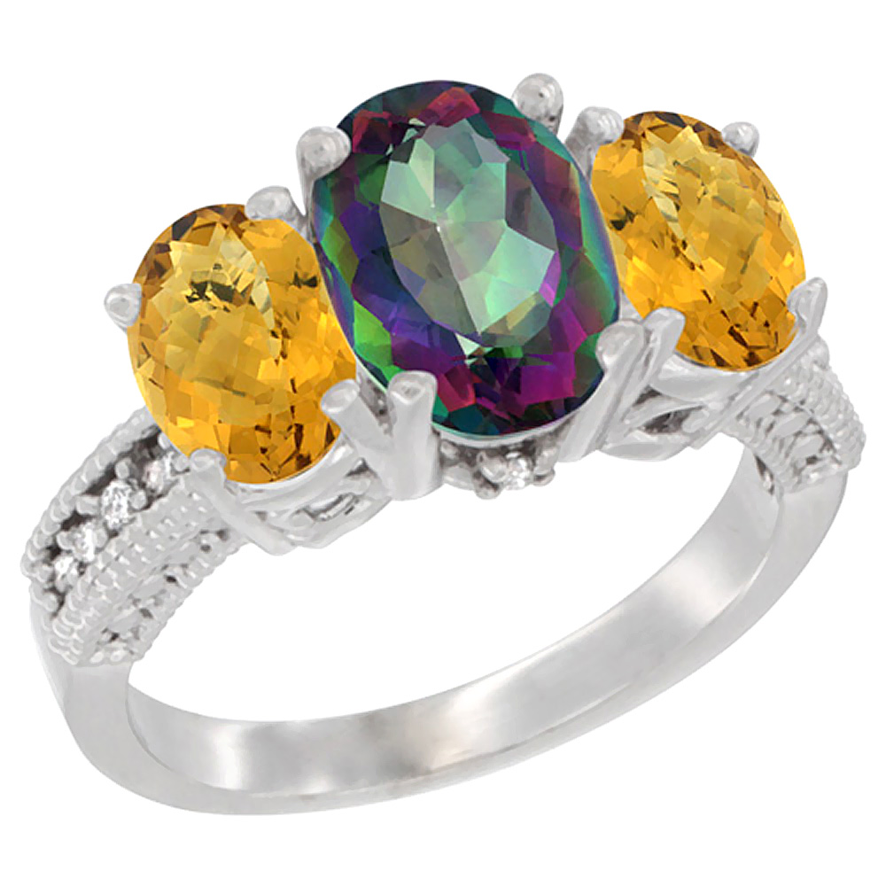 10K White Gold Diamond Natural Mystic Topaz Ring 3-Stone Oval 8x6mm with Whisky Quartz, sizes5-10