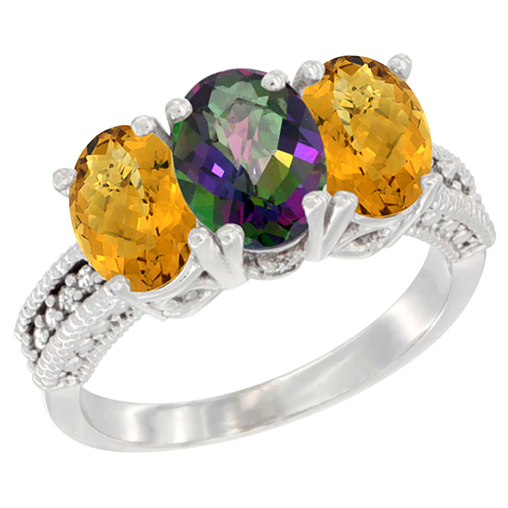 10K White Gold Diamond Natural Mystic Topaz & Whisky Quartz Ring 3-Stone 7x5 mm Oval, sizes 5 - 10