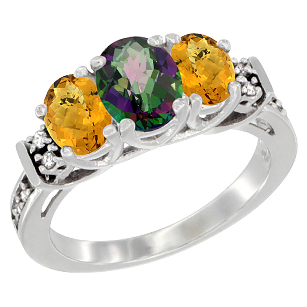 10K White Gold Natural Mystic Topaz & Whisky Quartz Ring 3-Stone Oval Diamond Accent, sizes 5-10