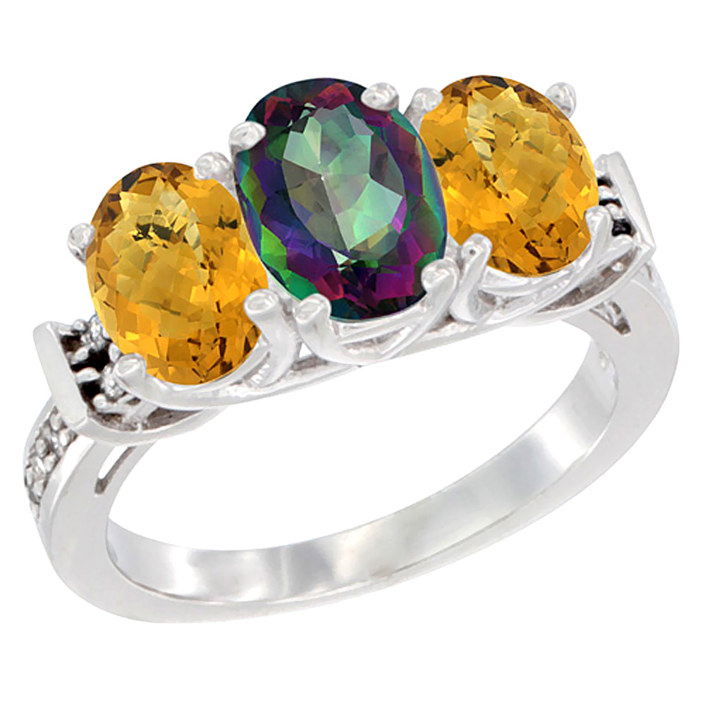 10K White Gold Natural Mystic Topaz & Whisky Quartz Sides Ring 3-Stone Oval Diamond Accent, sizes 5 - 10