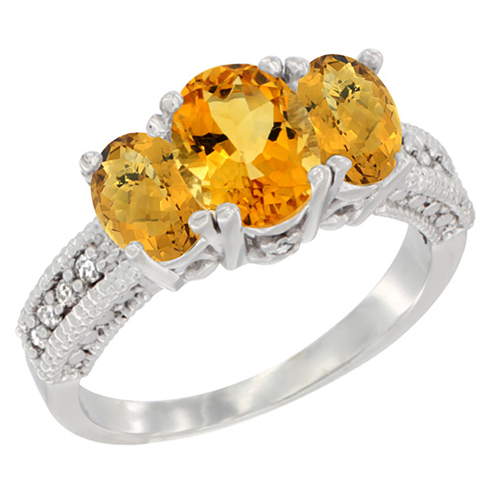 10K White Gold Diamond Natural Citrine Ring Oval 3-stone with Whisky Quartz, sizes 5 - 10