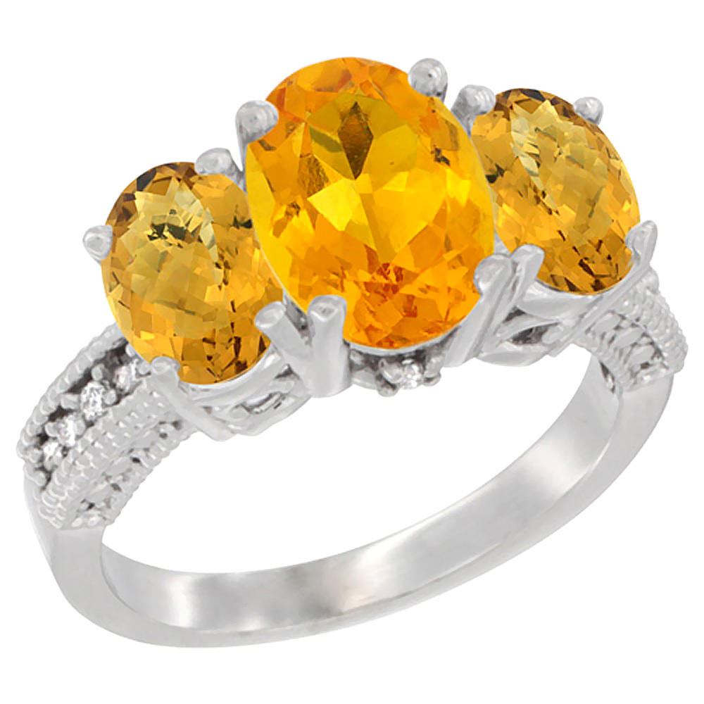 10K White Gold Diamond Natural Citrine Ring 3-Stone Oval 8x6mm with Whisky Quartz, sizes5-10