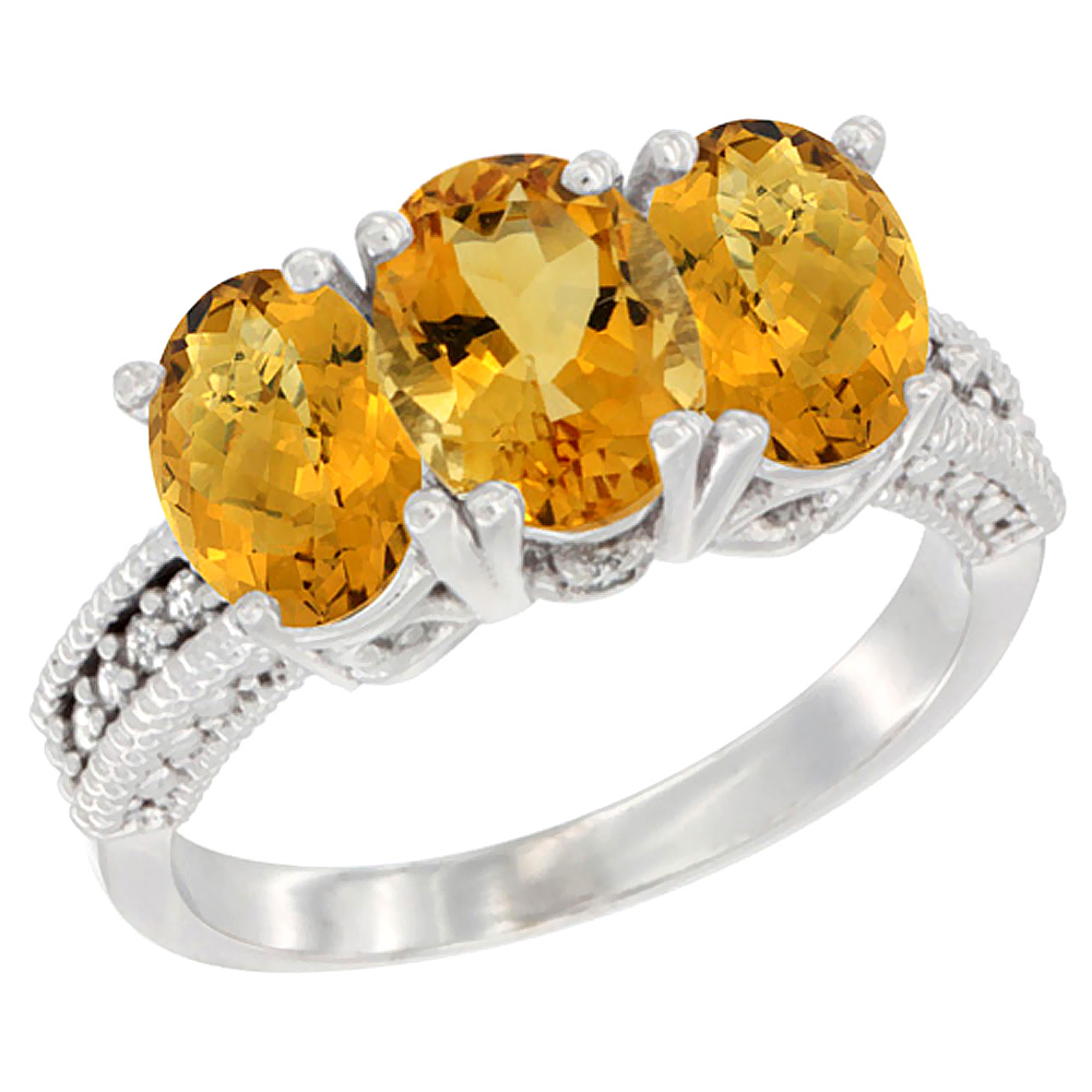 14K White Gold Natural Citrine Ring with Whisky Quartz 3-Stone 7x5 mm Oval Diamond Accent, sizes 5 - 10