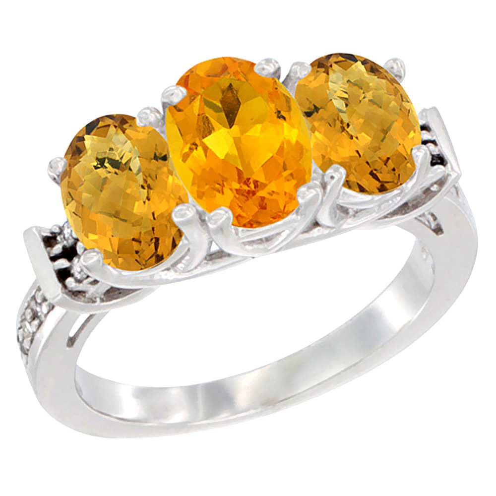 14K White Gold Natural Citrine & Whisky Quartz Sides Ring 3-Stone Oval Diamond Accent, sizes 5 - 10