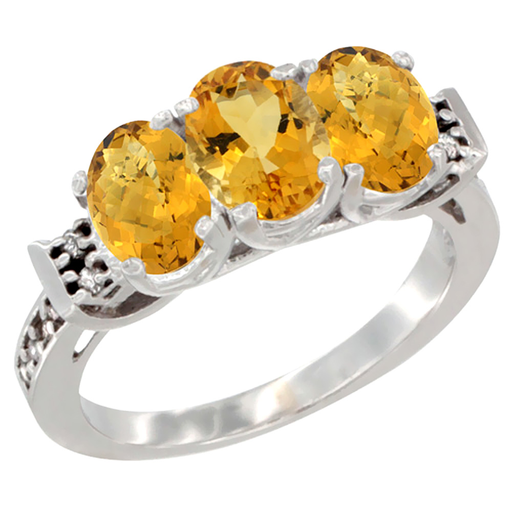 10K White Gold Natural Citrine & Whisky Quartz Sides Ring 3-Stone Oval 7x5 mm Diamond Accent, sizes 5 - 10