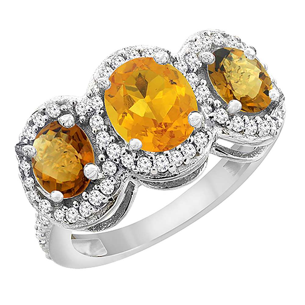 10K White Gold Natural Citrine &amp; Whisky Quartz 3-Stone Ring Oval Diamond Accent, sizes 5 - 10