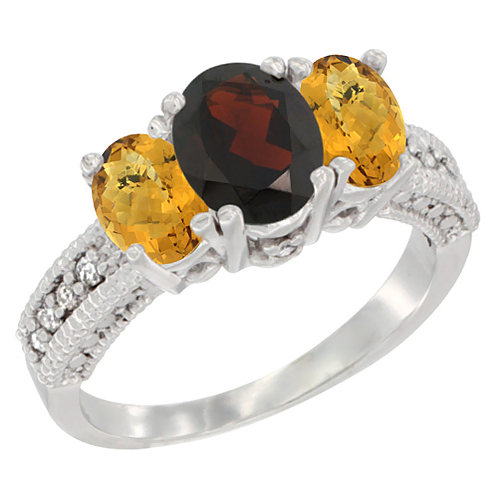 14K White Gold Diamond Natural Garnet Ring Oval 3-stone with Whisky Quartz, sizes 5 - 10
