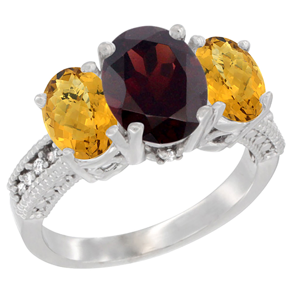 10K White Gold Diamond Natural Garnet Ring 3-Stone Oval 8x6mm with Whisky Quartz, sizes5-10