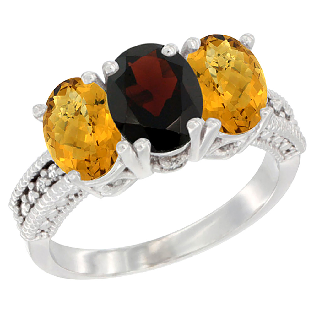 14K White Gold Natural Garnet Ring with Whisky Quartz 3-Stone 7x5 mm Oval Diamond Accent, sizes 5 - 10