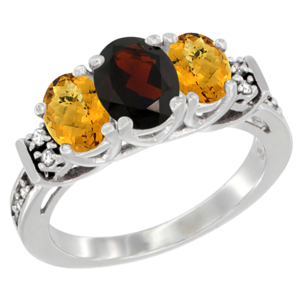 10K White Gold Natural Garnet & Whisky Quartz Ring 3-Stone Oval Diamond Accent, sizes 5-10