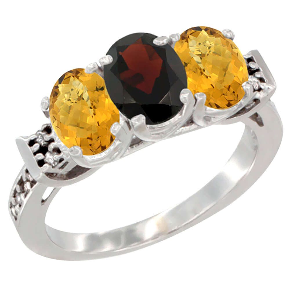 10K White Gold Natural Garnet & Whisky Quartz Sides Ring 3-Stone Oval 7x5 mm Diamond Accent, sizes 5 - 10