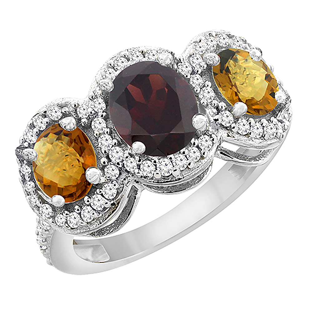 14K White Gold Natural Garnet & Whisky Quartz 3-Stone Ring Oval Diamond Accent, sizes 5 - 10