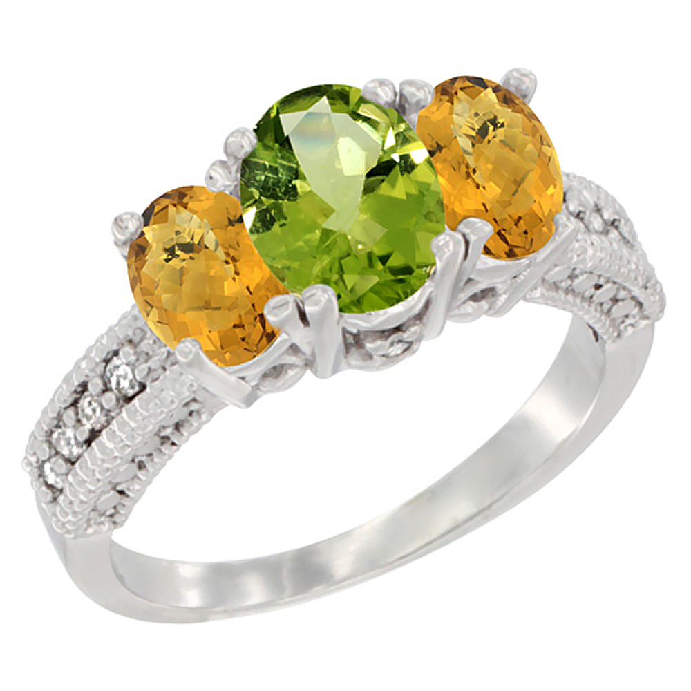 14K White Gold Diamond Natural Peridot Ring Oval 3-stone with Whisky Quartz, sizes 5 - 10