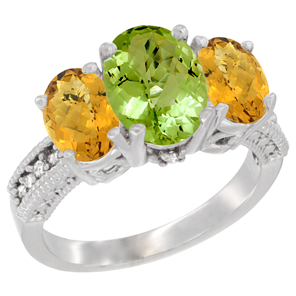 14K White Gold Diamond Natural Peridot Ring 3-Stone Oval 8x6mm with Whisky Quartz, sizes5-10