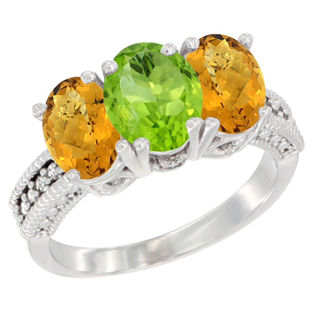 14K White Gold Natural Peridot Ring with Whisky Quartz 3-Stone 7x5 mm Oval Diamond Accent, sizes 5 - 10