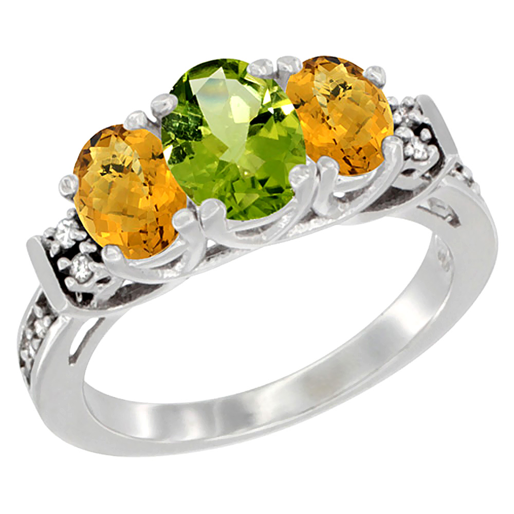 14K White Gold Natural Peridot & Whisky Quartz Ring 3-Stone Oval Diamond Accent, sizes 5-10