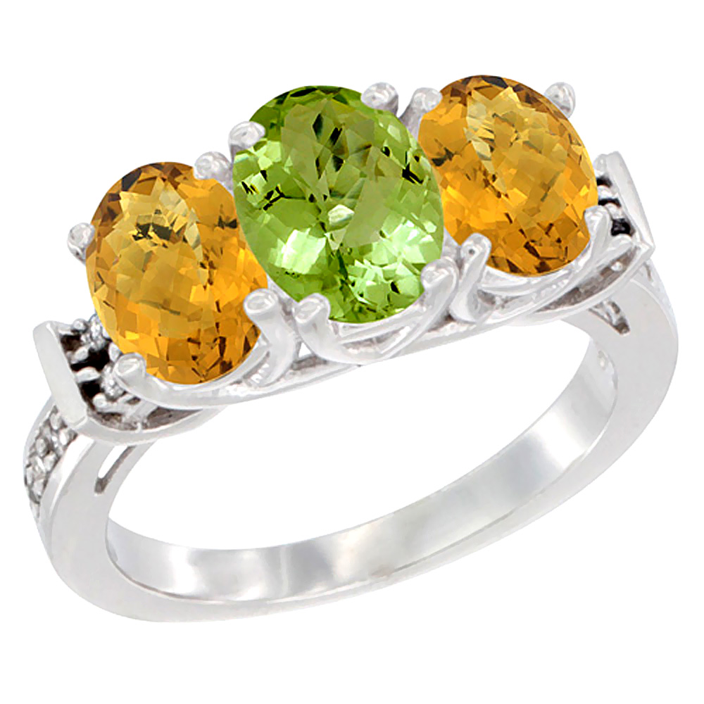 14K White Gold Natural Peridot & Whisky Quartz Sides Ring 3-Stone Oval Diamond Accent, sizes 5 - 10