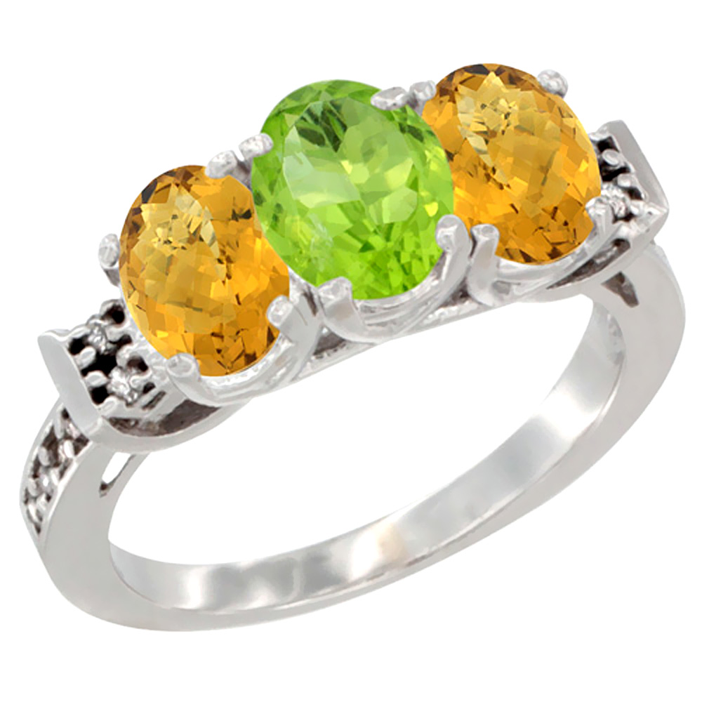 14K White Gold Natural Peridot & Whisky Quartz Ring 3-Stone 7x5 mm Oval Diamond Accent, sizes 5 - 10