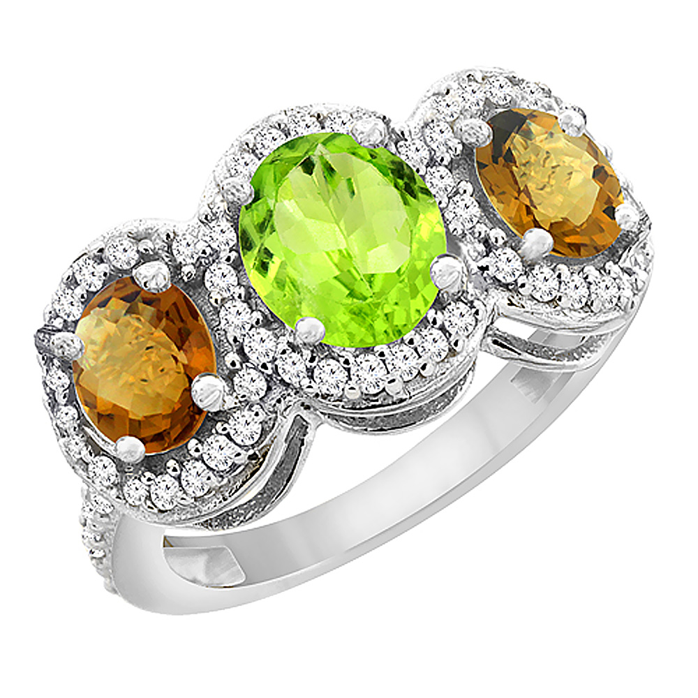 14K White Gold Natural Peridot & Whisky Quartz 3-Stone Ring Oval Diamond Accent, sizes 5 - 10