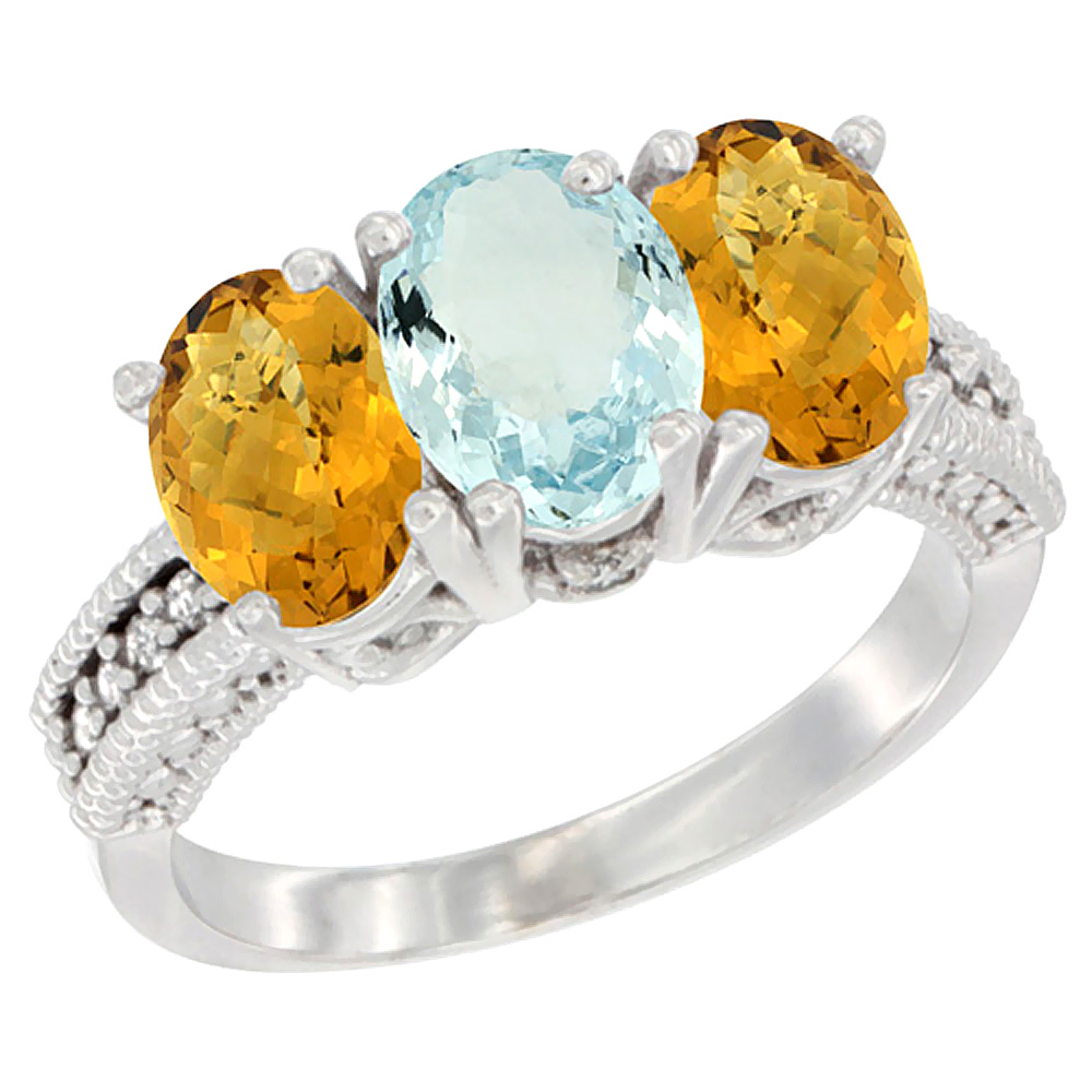 14K White Gold Natural Aquamarine Ring with Whisky Quartz 3-Stone 7x5 mm Oval Diamond Accent, sizes 5 - 10