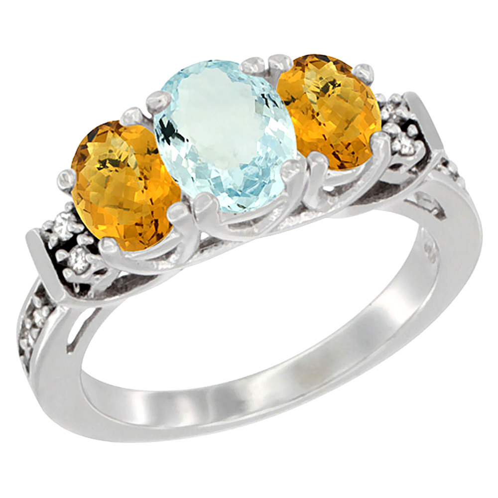 14K White Gold Natural Aquamarine & Whisky Quartz Ring 3-Stone Oval Diamond Accent, sizes 5-10