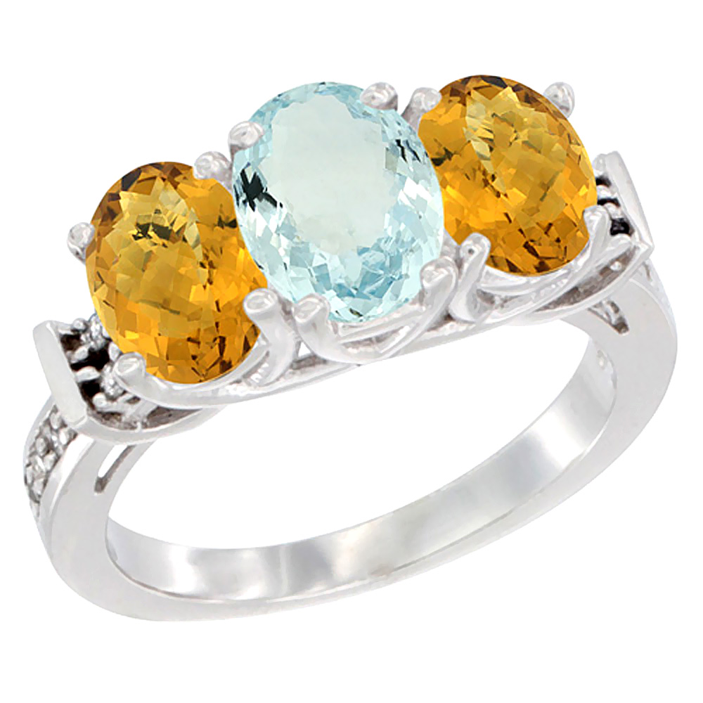 14K White Gold Natural Aquamarine & Whisky Quartz Sides Ring 3-Stone Oval Diamond Accent, sizes 5 - 10