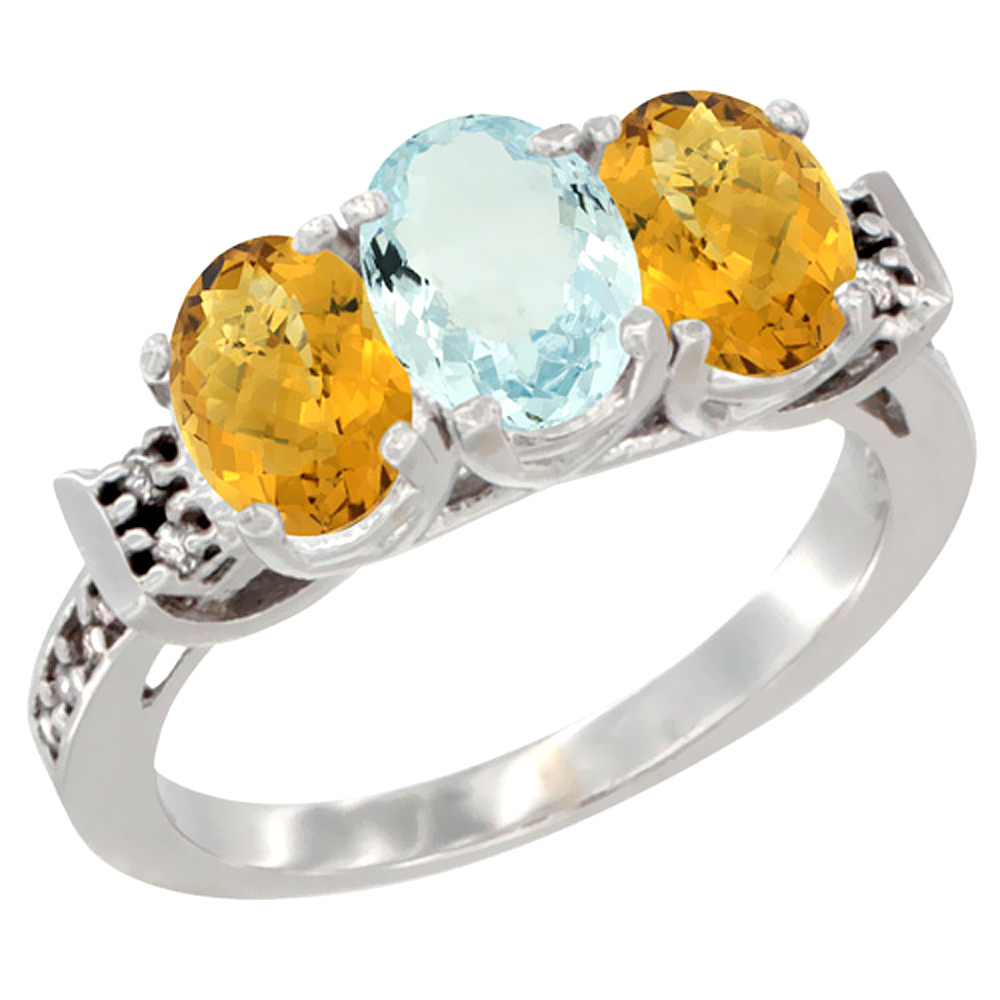 14K White Gold Natural Aquamarine & Whisky Quartz Ring 3-Stone 7x5 mm Oval Diamond Accent, sizes 5 - 10