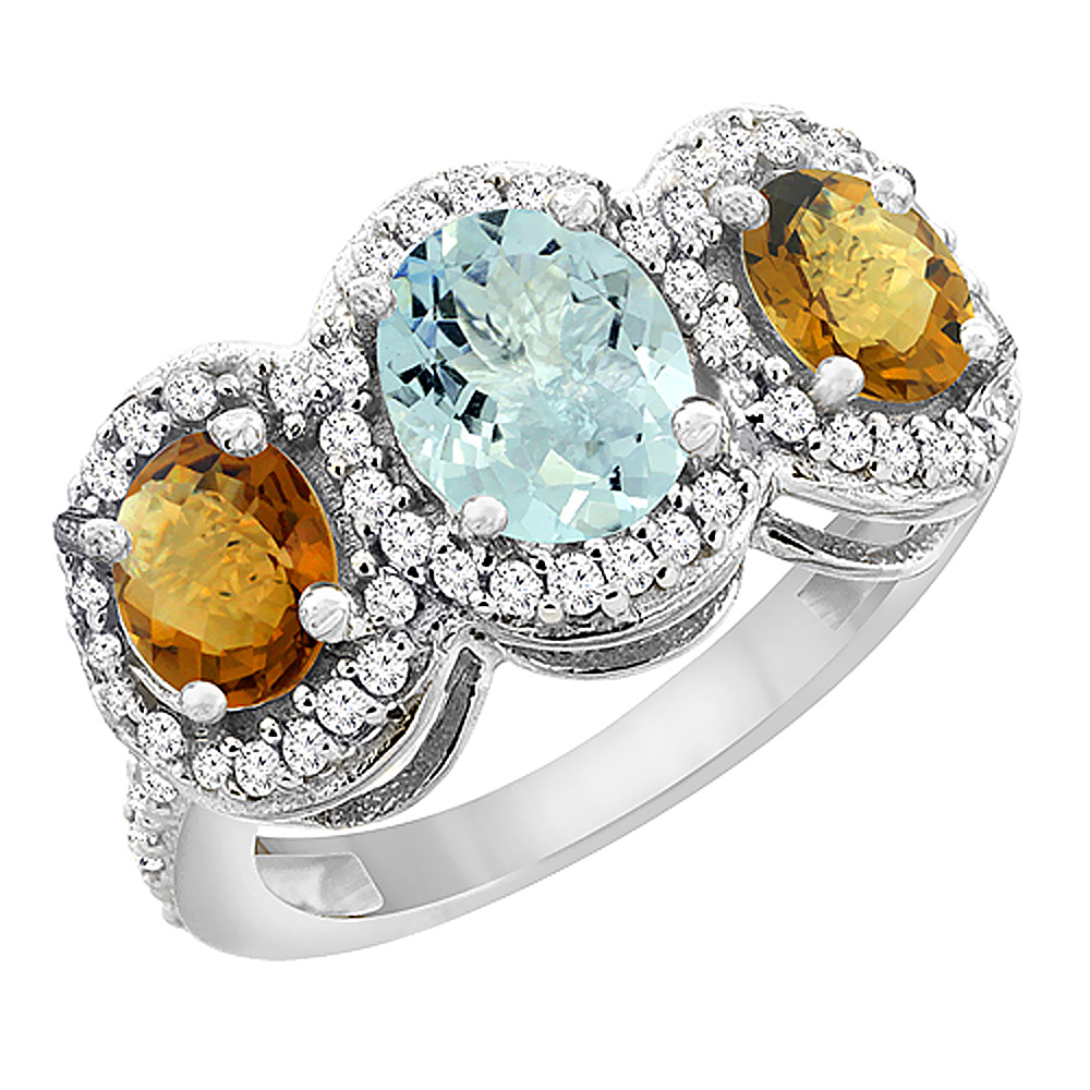 14K White Gold Natural Aquamarine & Whisky Quartz 3-Stone Ring Oval Diamond Accent, sizes 5 - 10