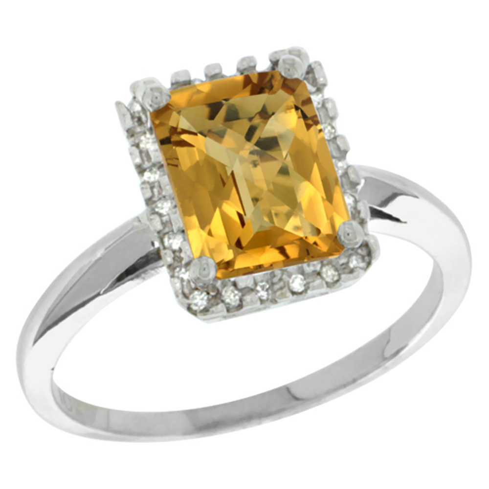 14K White Gold Diamond Natural Whisky Quartz Ring Emerald-cut 8x6mm, sizes 5-10