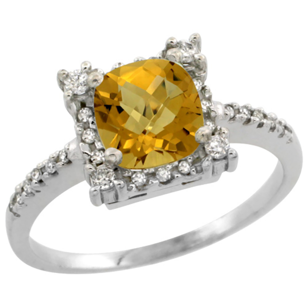 14K White Gold Natural Whisky Quartz Ring Cushion-cut 6x6mm Diamond Halo, sizes 5-10