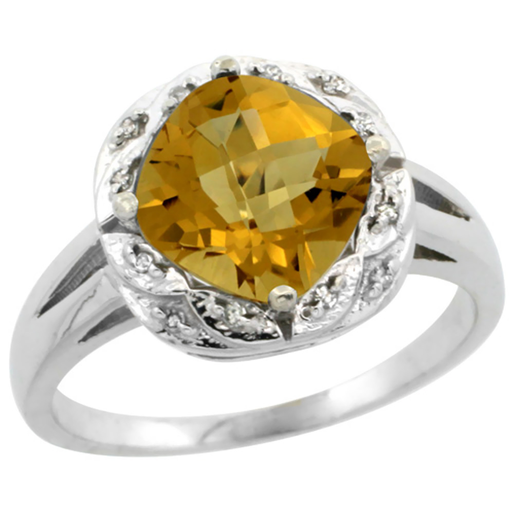14K White Gold Natural Whisky Quartz Ring Cushion-cut 8x8mm Diamond Halo, sizes 5-10